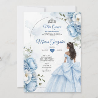 Dusty Blue Floral XV Birthday Invite with Crown