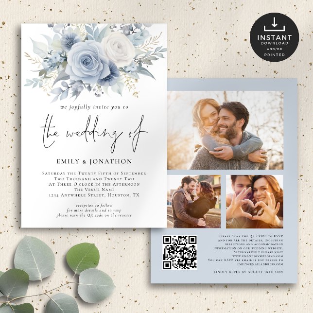 Dusty Blue Florals 3 Photos QR Code Wedding Invitation (Front and Back View)