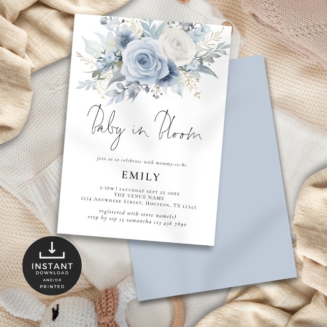 Dusty Blue Florals Baby in Bloom Shower Invitation (Front and back view)