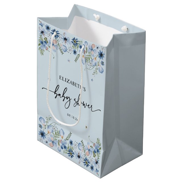 Dusty Blue Florals Baby Shower Medium Gift Bag (Front Angled)