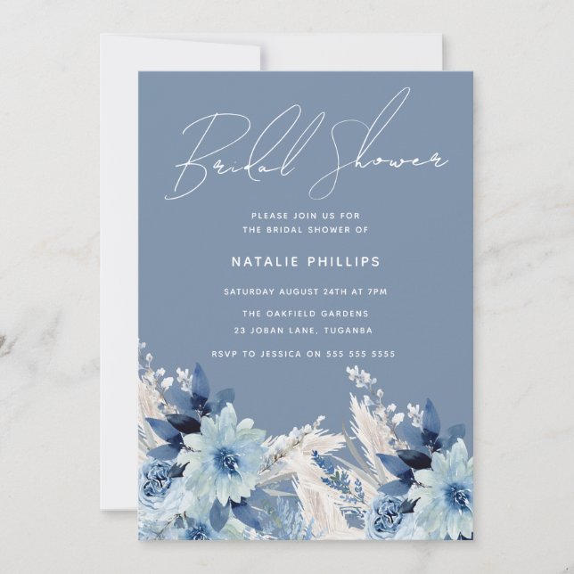 Dusty Blue Florals Beautiful Bridal Shower Invitation (Front)