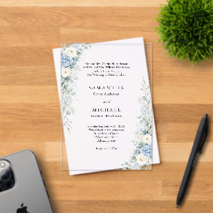 Dusty Blue Florals Both Parents Names Wedding Acrylic Invitations