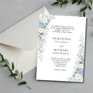 Dusty Blue Florals Both Parents Names Wedding Invitation