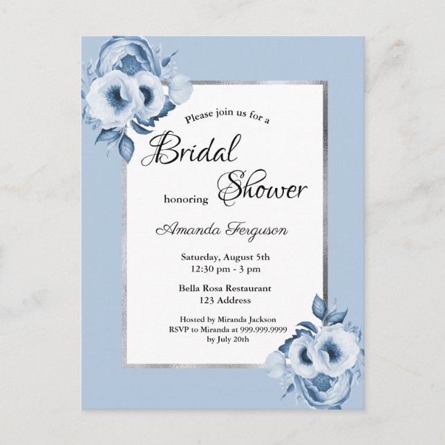 Dusty blue florals bridal shower invitation postcard (Front)