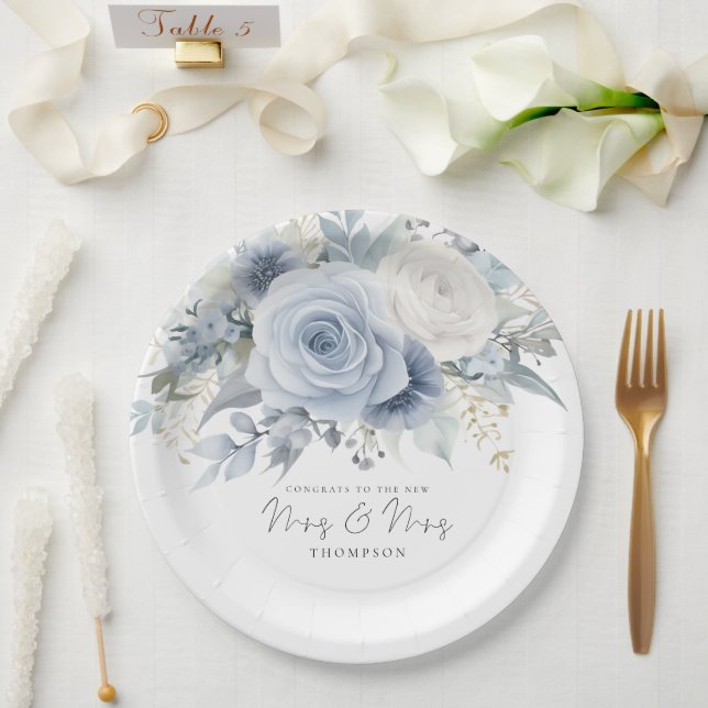 Dusty Blue Florals Congrats Mrs and Mrs Wedding  Paper Plate (Wedding)