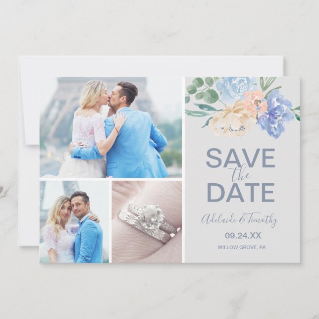 Dusty Blue Florals | Grey 3 Photo Collage Save The Date (Front)