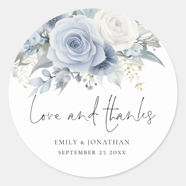 Dusty Blue Florals Love Thanks Wedding Classic Round Sticker (Front)