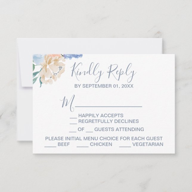 Dusty Blue Florals Menu Choice RSVP Card (Front)