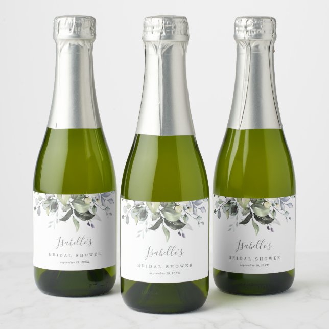 Dusty Blue Florals Mini Sparkling Wine Bottle Labe Sparkling Wine Label (Bottles)