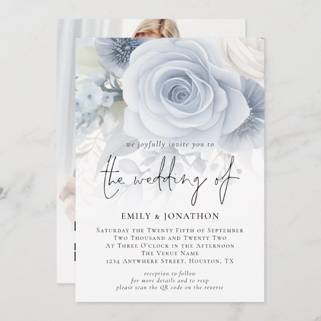 Dusty Blue Florals Overlay Photo QR Code Wedding Invitation (Front/Back)