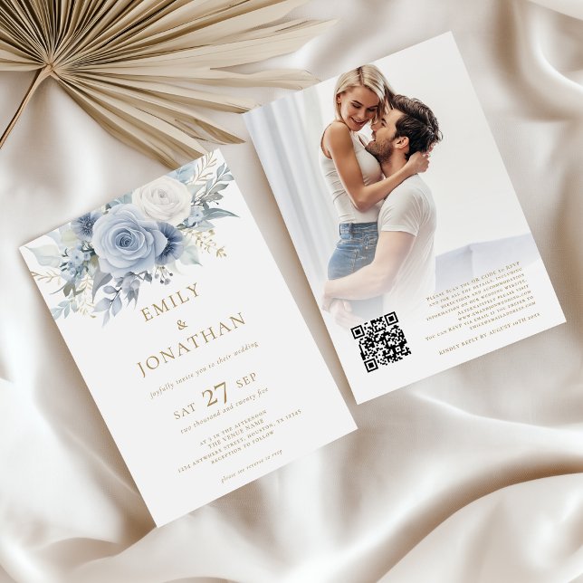 Dusty Blue Florals Photo Gold Text QR Code Wedding Invitation (Front and back view)