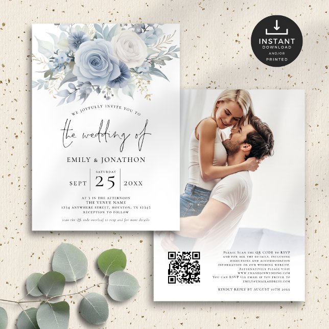 Dusty Blue Florals Photo Overlay QR Code Wedding Invitation (Front and back view)