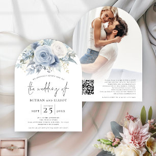 Dusty Blue Florals Photo QR Code Arch Wedding Invitation