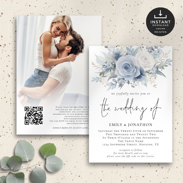 Dusty Blue Florals Photo QR Code Wedding Invitation (Front and back view)