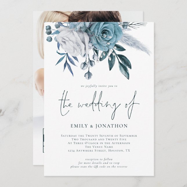 Dusty Blue Florals Photo QR Code Wedding Invitation (Front/Back)