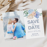 Dusty Blue Florals Photo Save the Date Card<br><div class="desc">This dusty blue florals photo save the date card is perfect for a spring or summer wedding. The dainty design features light blue peonies arranged with peach and cream flowers in a gorgeous bouquet. Personalise the card with your engagement photo,  names,  wedding date and location.</div>