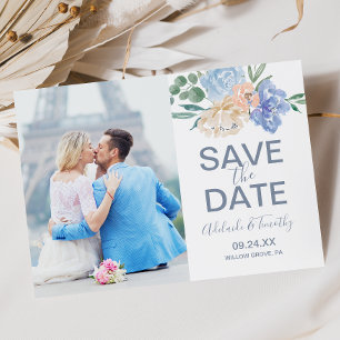 Dusty Blue Florals Photo Save the Date Card