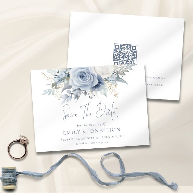Dusty Blue Florals QR Code Blue Lettering Wedding Save The Date (Front and back view)
