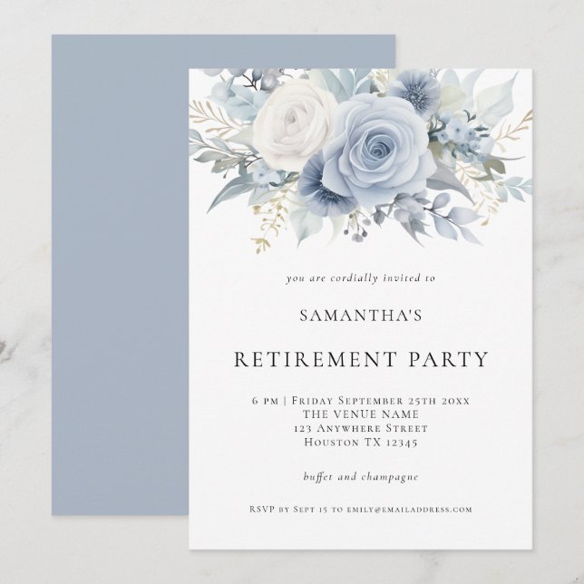 Dusty Blue Florals Retirement Party Invitation (Front/Back)