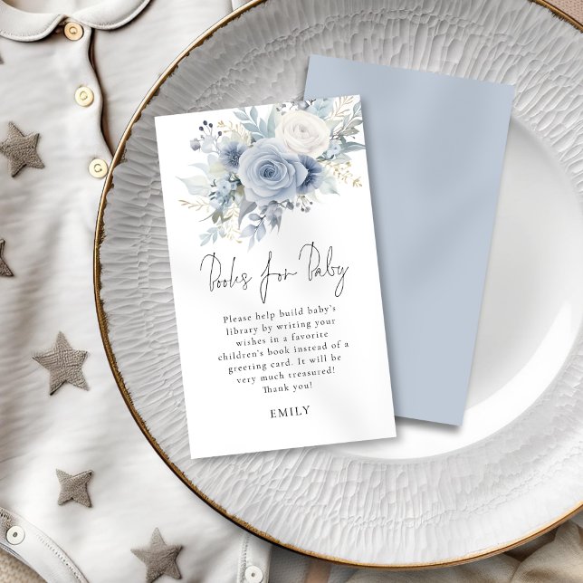 Dusty Blue Florals Script Books For Baby Shower  Enclosure Card (Front and back view)