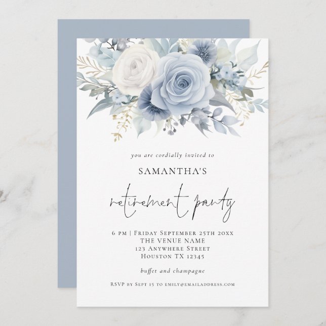 Dusty Blue Florals Script Retirement Party Invite  (Front/Back)