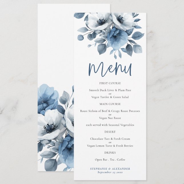 Dusty Blue Florals Script Wedding Printable Menu Invitation (Front/Back)