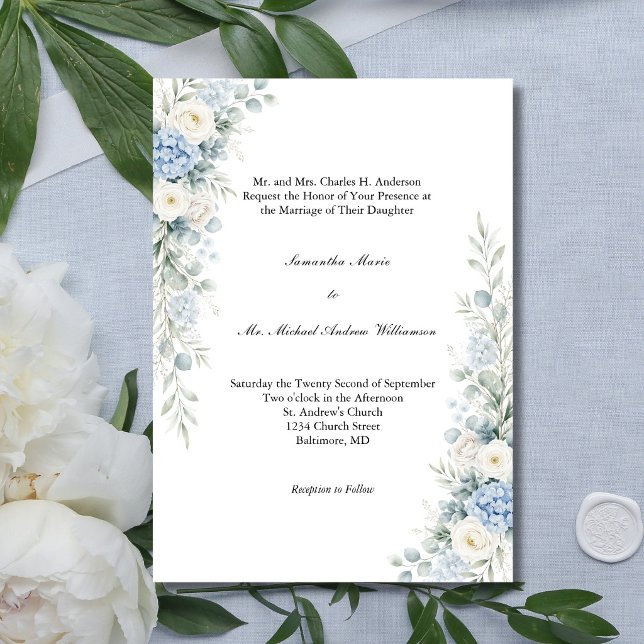 Dusty Blue Florals Traditional Church Wedding Invitation (Dusty Blue Cream Florals Watercolor Flowers Traditional Classic Church Wedding Invitation)