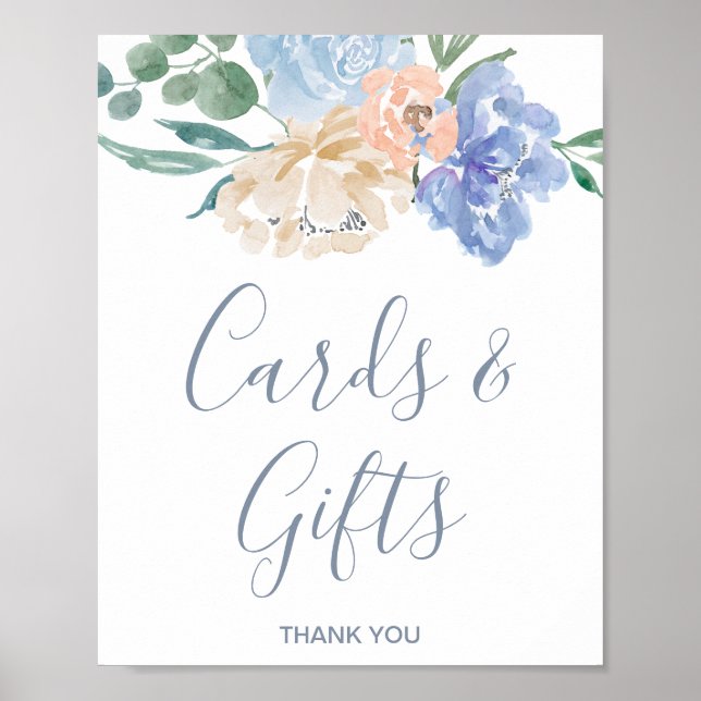 Dusty Blue Florals Wedding Cards and Gifts Sign (Front)