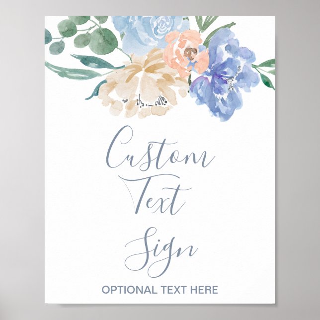 Dusty Blue Florals Wedding Custom Text Sign (Front)