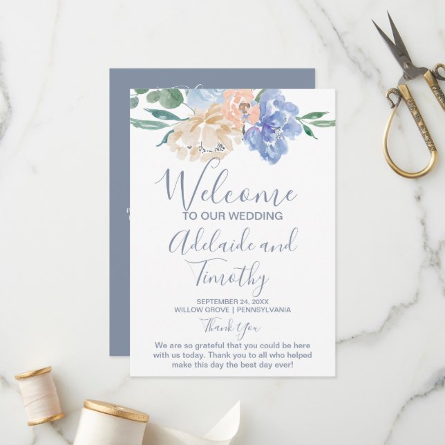 Dusty Blue Florals Wedding Programme (Front/Back In Situ)