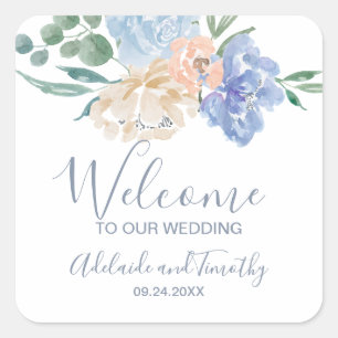 Dusty Blue Florals Wedding Welcome Square Sticker
