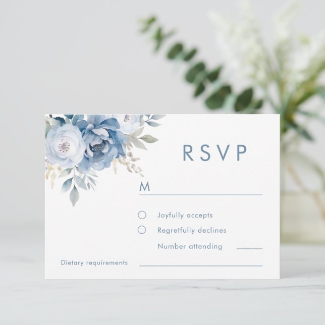 Dusty Blue Florals Winter Wedding  RSVP Card (Standing Front)