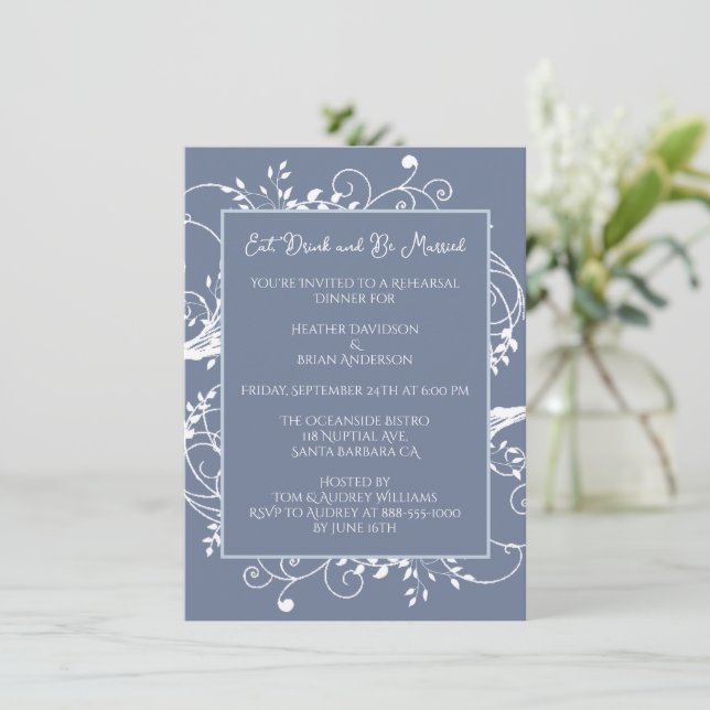 Dusty Blue Flourish Rehearsal Dinner Invitation (Standing Front)