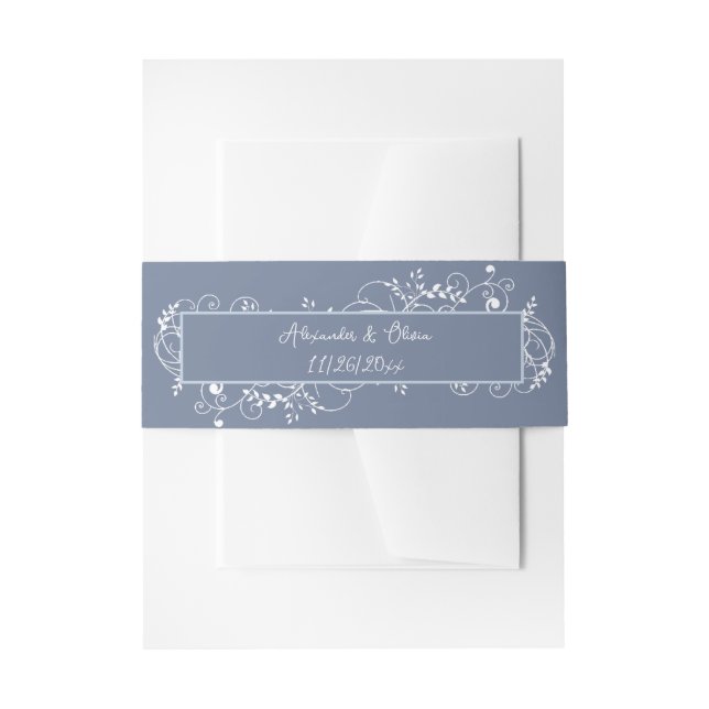 Dusty Blue Flourish Wedding Invitation Belly Band (Front Example)
