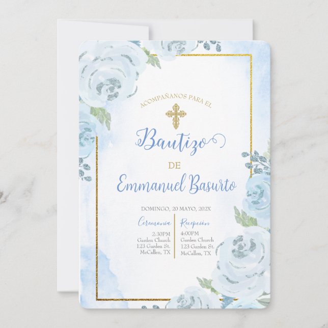 Dusty blue flower baptism invitation  (Front)