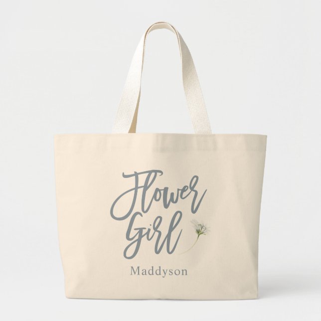 Dusty Blue Flower Girl Lettering Script Large Tote Bag (Front)