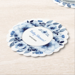Dusty Blue Flower Watercolor Baby Shower Paper Coaster