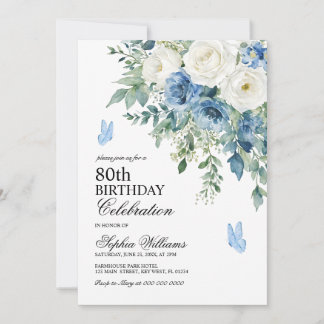 Dusty Blue Flowers 80th Birthday Invitation