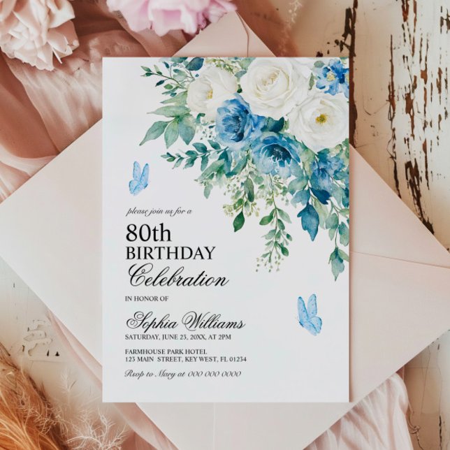 Dusty Blue Flowers 80th Birthday Invitation (Creator Uploaded)
