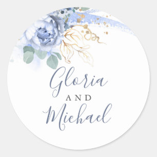 Dusty Blue Flowers and Gold Greenery Classic Round Sticker