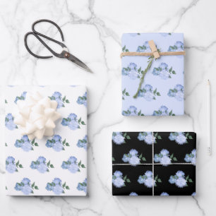 Dusty Blue Flowers and Greenery Pattern Wrapping Paper Sheet