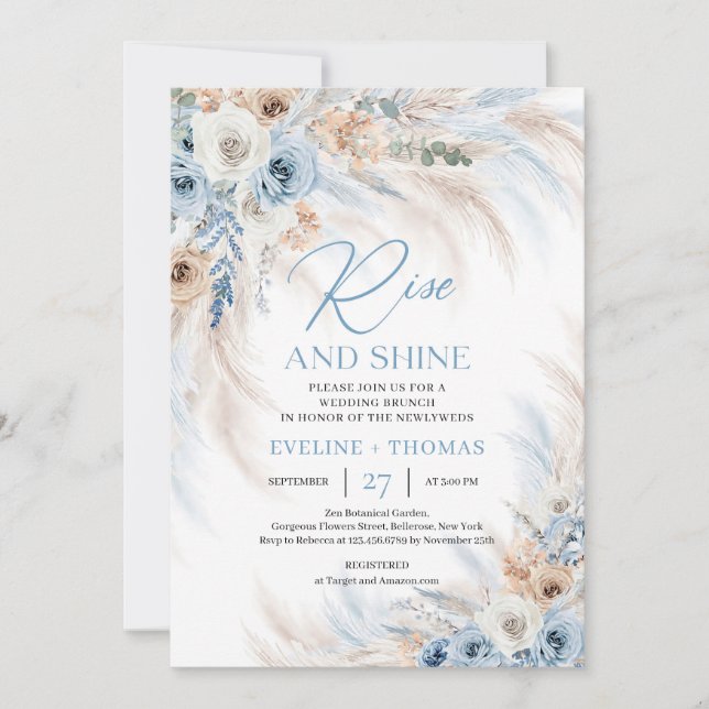 Dusty blue flowers and pampas grass wedding brunch invitation (Front)