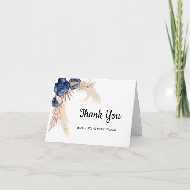 Dusty Blue Flowers and Pampas Wedding Thank you Card (Front)