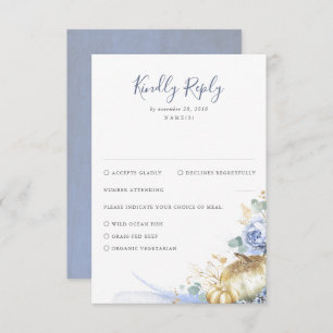 Dusty Blue Flowers and Pumpkins Wedding RSVP Card