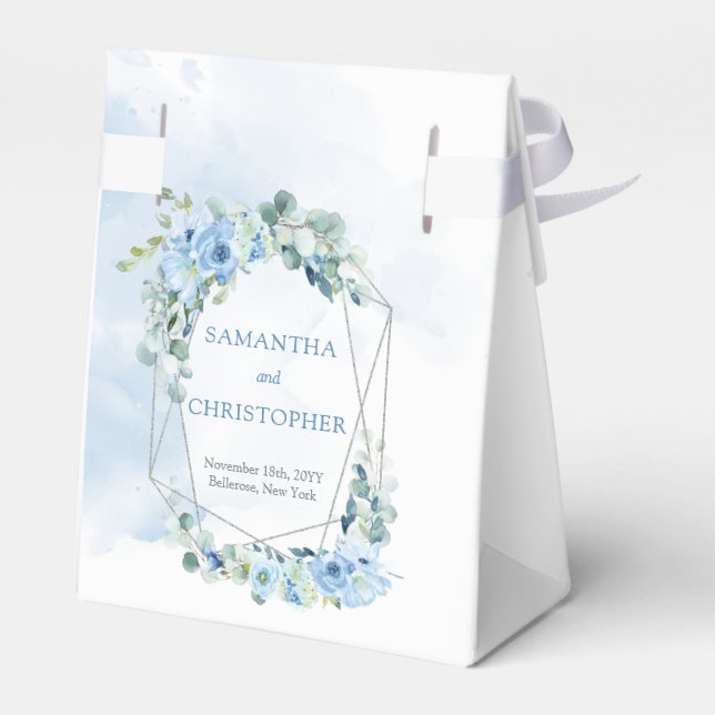 Dusty blue flowers and silver geometric frame favour box (Back Side)