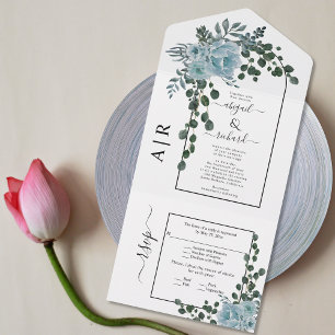 Dusty blue flowers, arch and monogram wedding all in one invitation