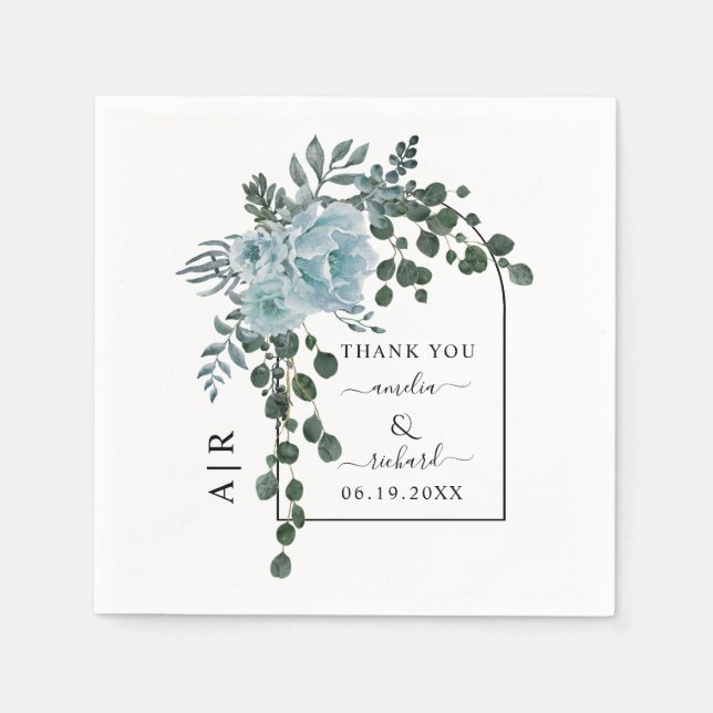 Dusty blue flowers, arch and monogram wedding napkin (Front)