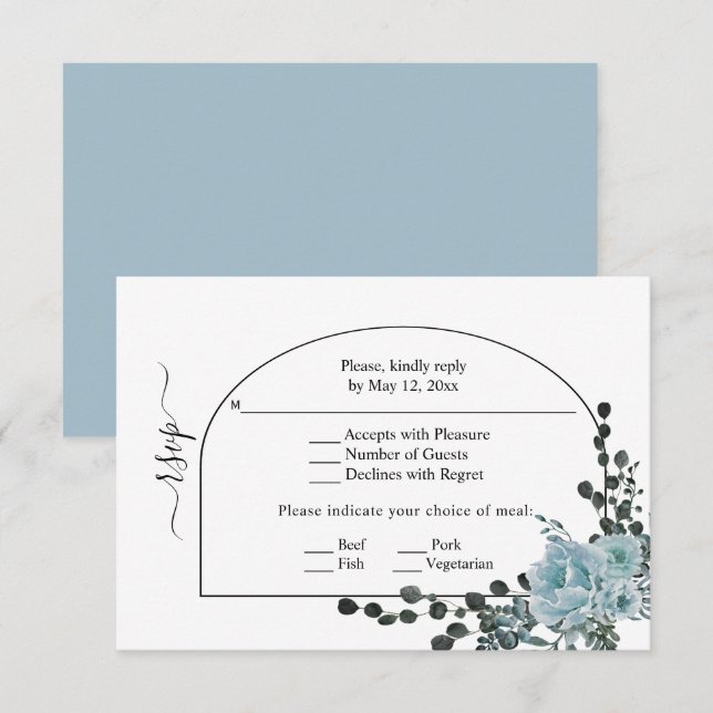 Dusty blue flowers, arch and monogram wedding RSVP card (Front/Back)