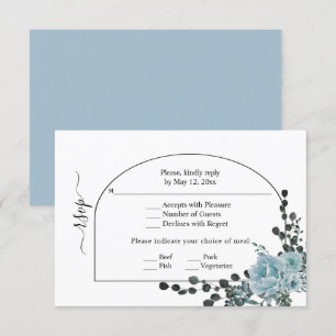 Dusty blue flowers, arch and monogram wedding RSVP card