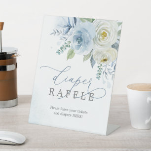 Dusty Blue Flowers Baby Shower Diaper Raffle Sign